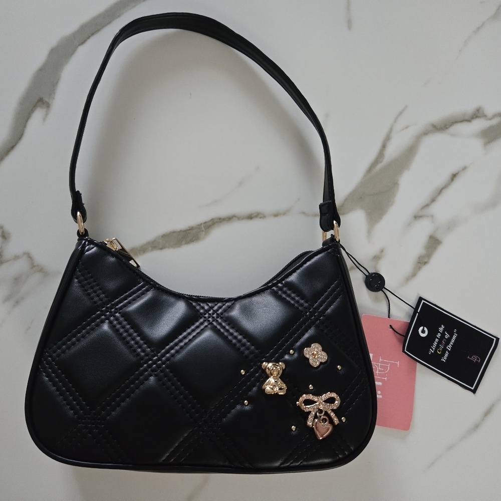 Like Dreams LD Quilted Teddy Bear Shoulder Bag Bow Flower Charm Black Purse NWT